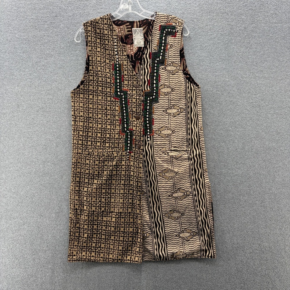Market Place Vest Women Large Brown Tribal Fish Embroidered Boho Cotton Longline